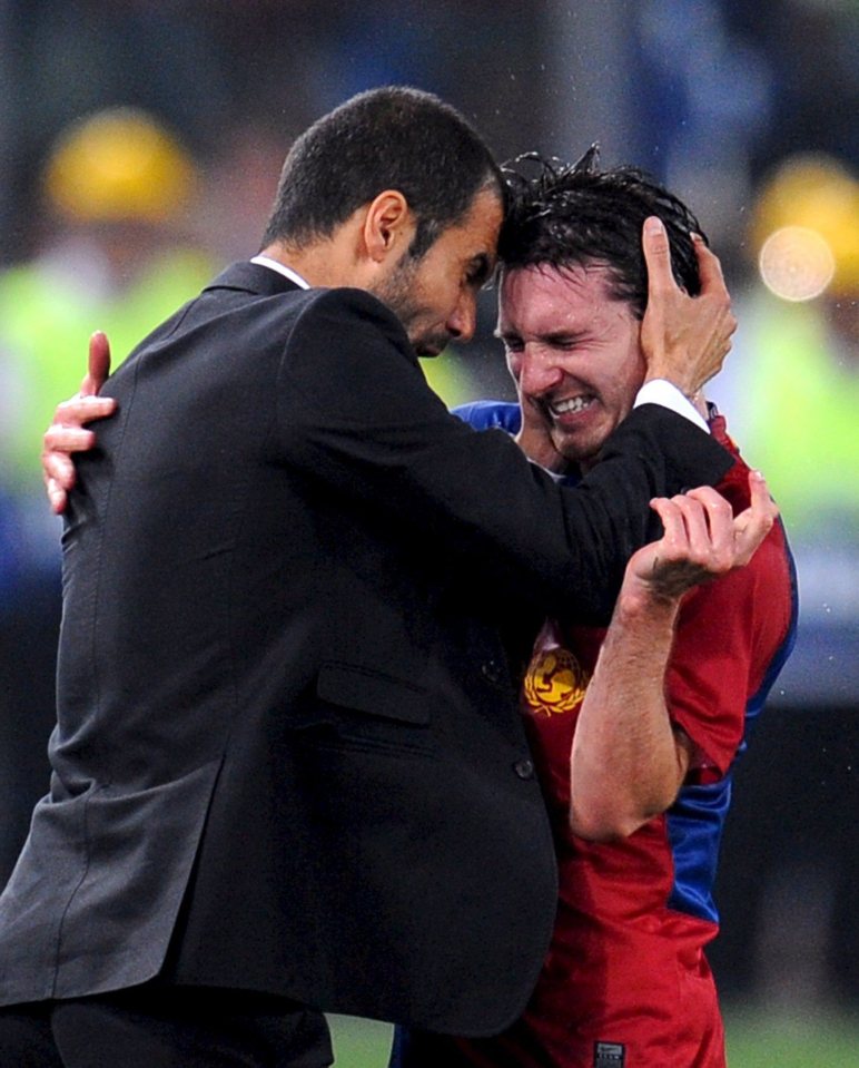  Messi celebrates with Pep Guardiola after scoring in the Champions League final against Man Utd