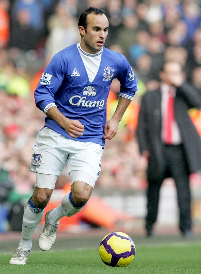 Landon Donovan playing for Everton against Liverpool in the Merseyside derby 