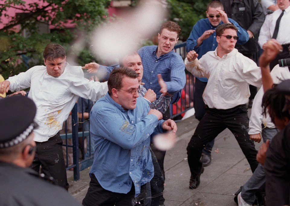  Jamie Acourt (2R, throwing punch), pictured outside the Old Bailey with his fellow murder suspects