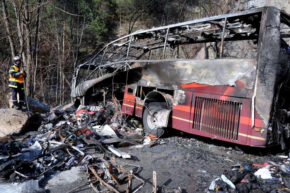 The remains of the bus after the horrific crash which killed the driver and injured 24 people, of which three were severely wounded