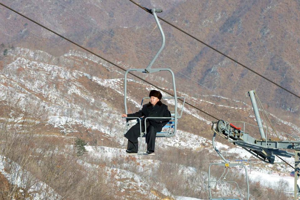  Kim having a whale of a time on a ski lift at the country's first alpine resort, but did he have to queue for the ski-lift?