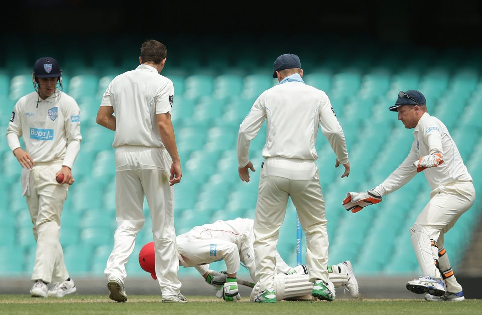  Phillip Hughes collapsed to the ground and had to be tended to after being hit in the neck