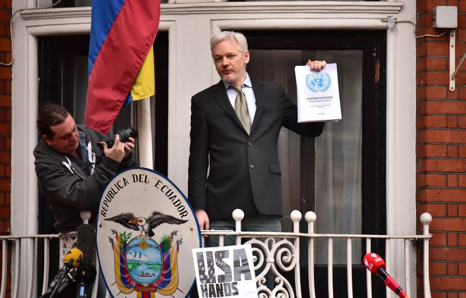  Assange speaking from the balcony of the Ecuadorian embassy in London earlier this year