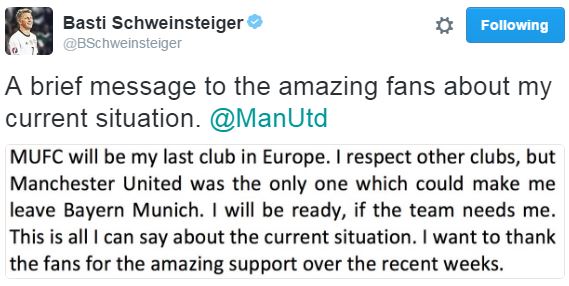  Bastian Schweinsteiger has sent a message to United fans