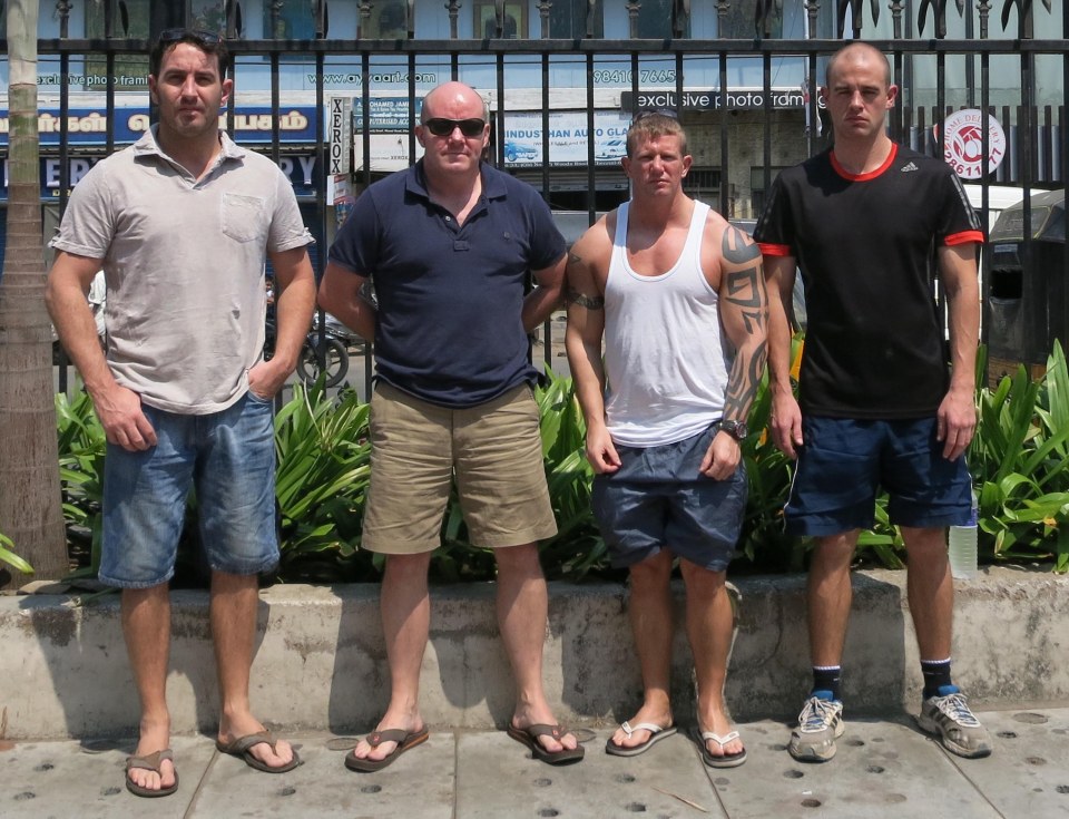  Four former British soldiers arrested by Indian troops while carrying out anti piracy escort work in the Indian Ocean, now being held at Chennai Central Prison. L-R Billy Irving, Ray Tindall, Nick Dunn, John Armstrong