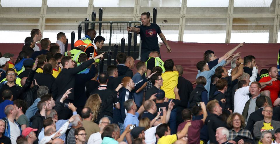 A West Ham fan gestures towards the stewards during the Watford match