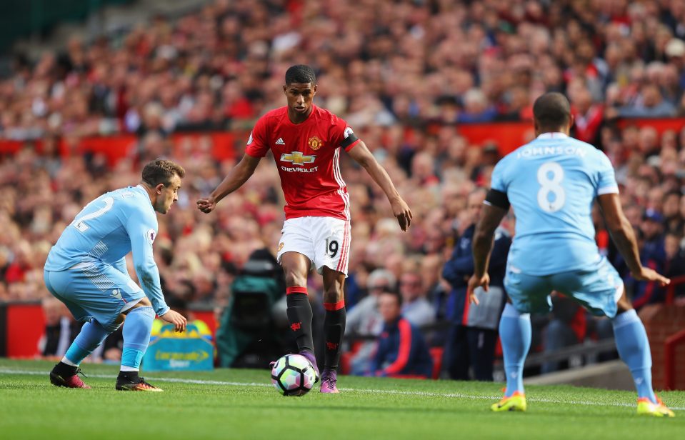  Marcus Rashford plays a through ball at Old Trafford