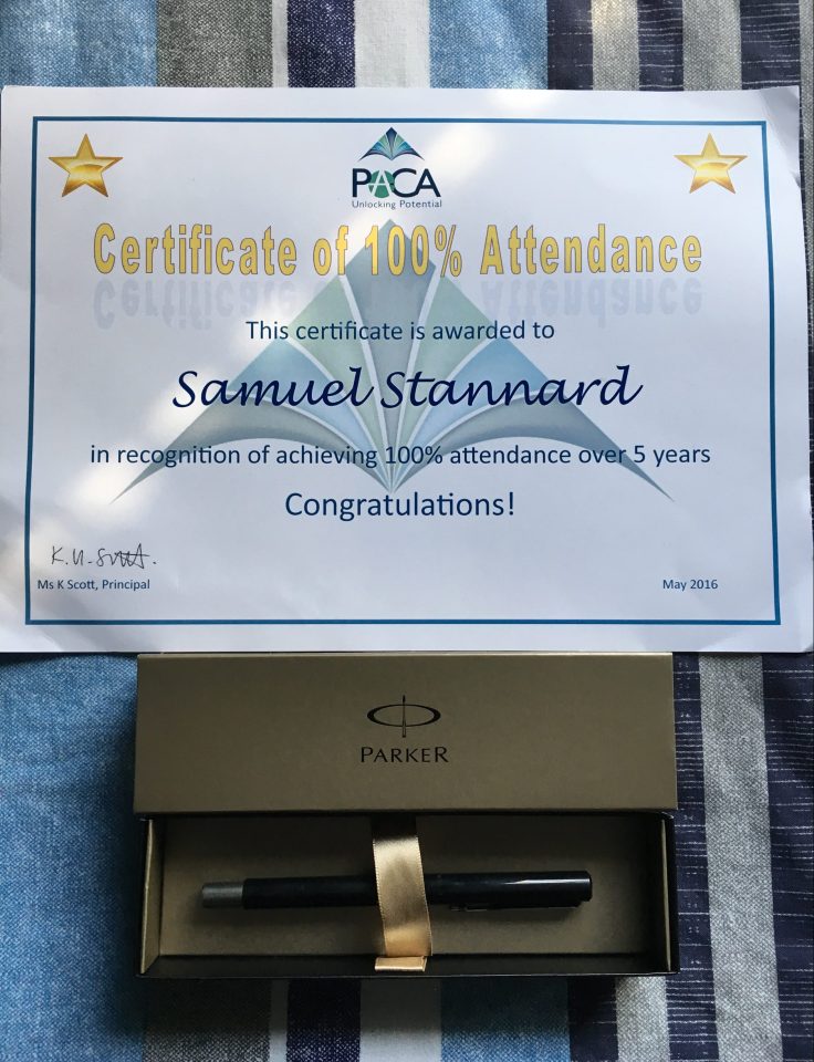  Sam received this certificate of achievement and a pen