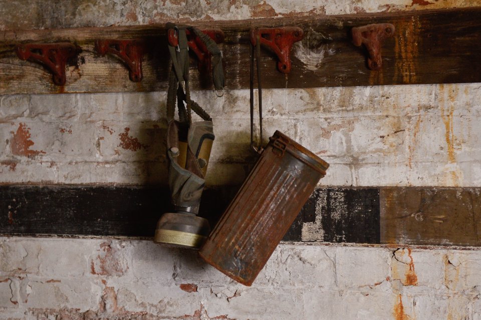  A gas mask gathers dust after lying untouched in the West Midlands factory for over 60 years