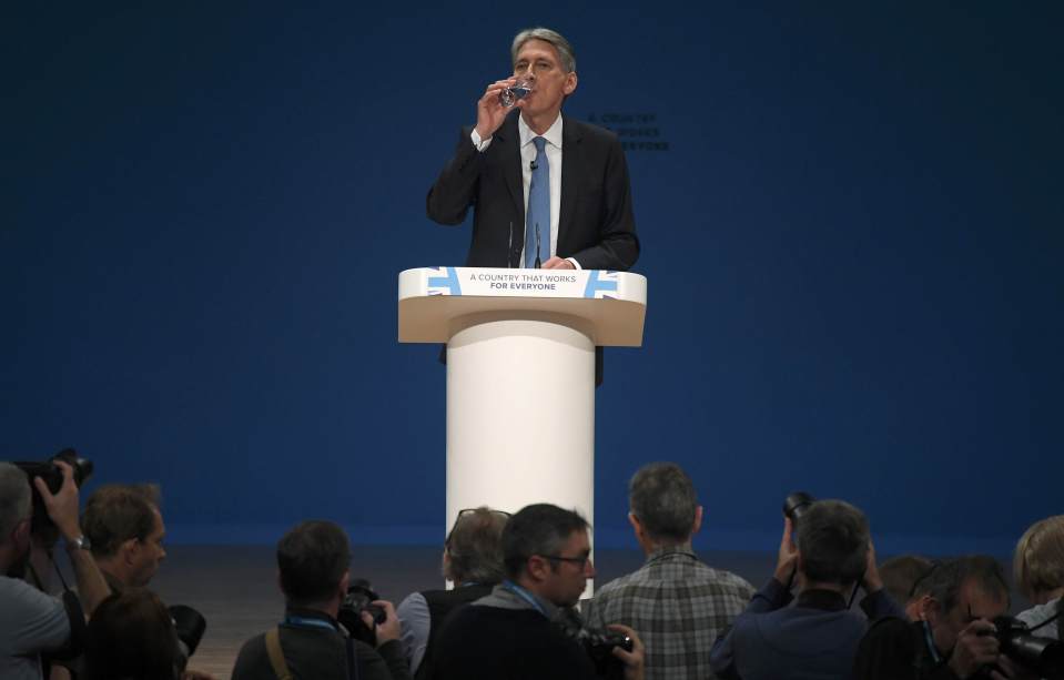  Philip Hammond paused to take a sip of water during his first speech as Chancellor to the Tory Party conference in Birmingham