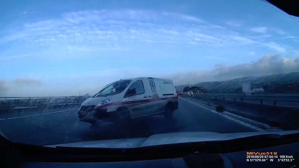  A terrifying dashcam video shows the van skid off towards the side of the busy motorway, before swerving in front of oncoming traffic