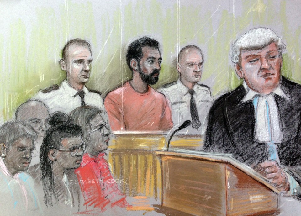  Prosecutor Mark Heywood QC speaking to the court watched by the victim's family and Arthur Simpson-Kent in the dock during his sentencing at the Old Bailey, London