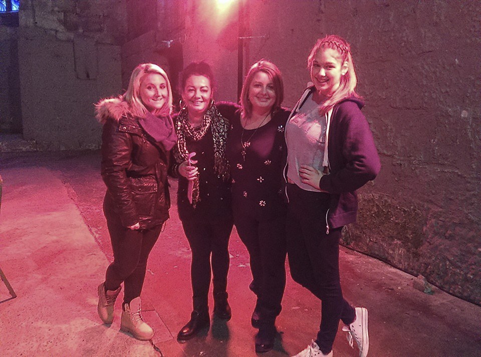  Sharon, second left, on the ghost tour with Hollyoaks stars Jazmine Franks, left, and Amanda Clapham, far right