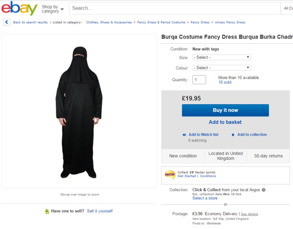  eBay is hosting sellers offering burka costumes for Halloween, some are billed as "sexy" and are much shorter