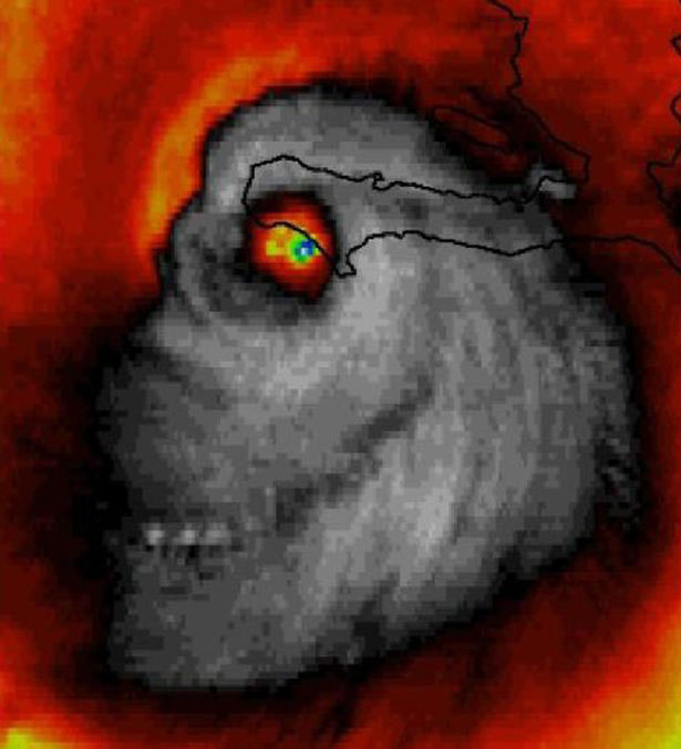 A satellite image of the storm cut a ghoulish figure as it tore across the Caribbean