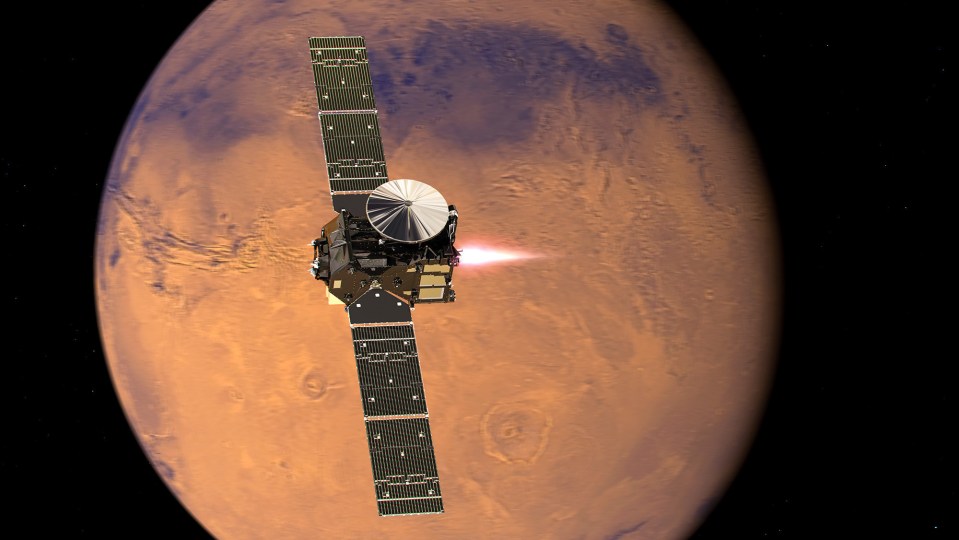  Artist's impression of the European Space Agency's ExoMars 2016 Trace Gas Orbiter entering orbit