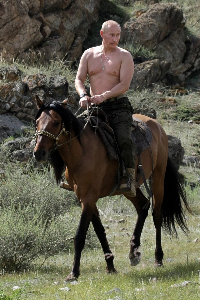  The Russian President works hard to cultivate his strongman image, most famously in this snap of him riding a horse topless