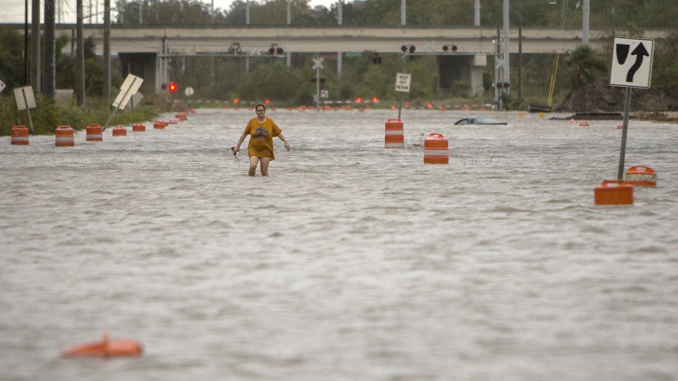 Severe flooding has affected dozens of cities along the US East Coast following Hurricane Matthew. Here, a woman wades through the floodwater of Savannah, Georgia