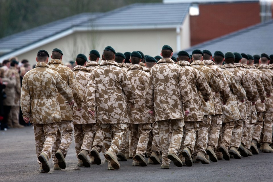 British soldiers from the 4th Battalion The Rifles in desert uniform on the parade ground at Bulford Camp, Wiltshire,. Image shot 2009. Exact date unknown.