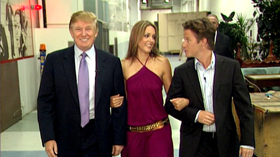  A grab from the 2005 video where Trump is heard saying sexist and lewd remarks while Bush, right, laughs along