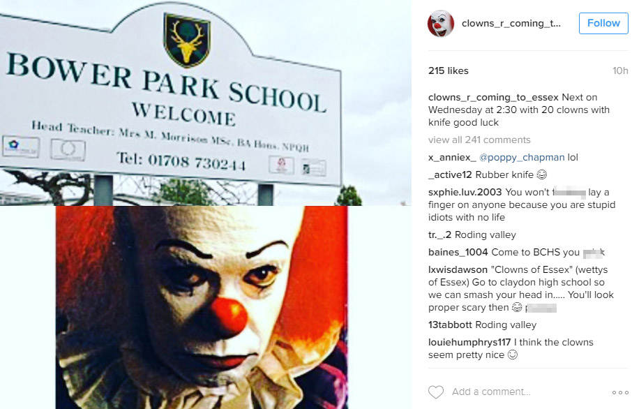  An Instagram account called @clowns_r_coming_to_essex has been set up and promises 20 clowns with a knife will visit schools in Essex on Wednesday