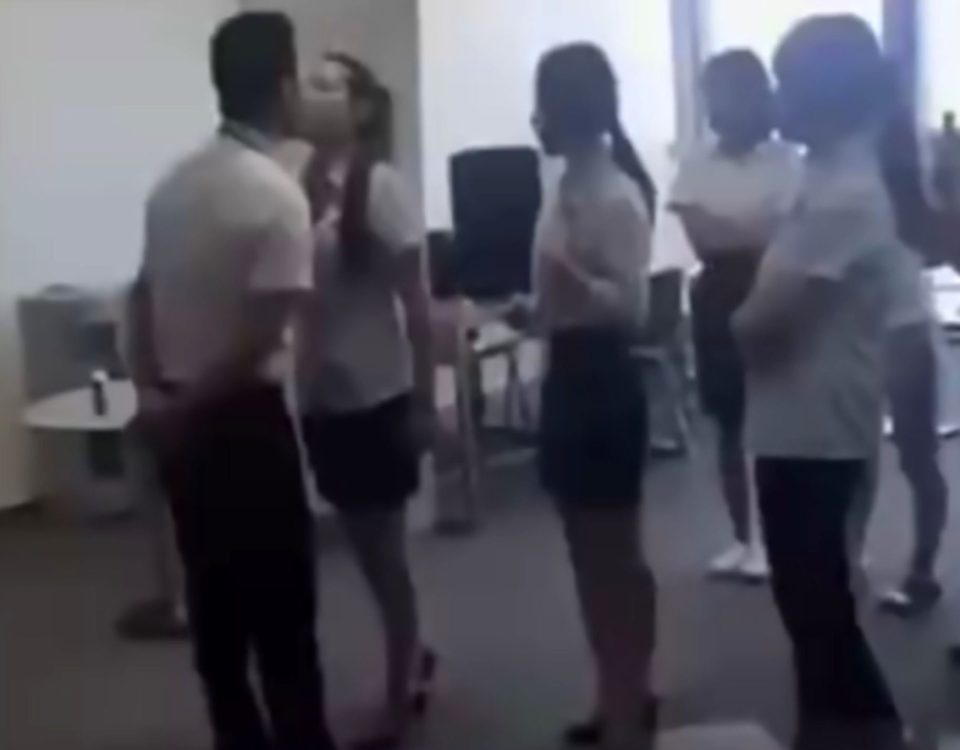  The unidentified boss forces female employees to stand in a line and kiss him on the lips every day