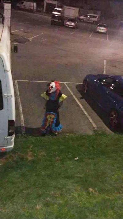  A clown stalks a car park in the dead of night in Barnstaple, Devon