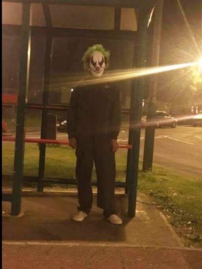  This creepy clown was captured standing spookily at a bus stop in Aberystwyth, Wales