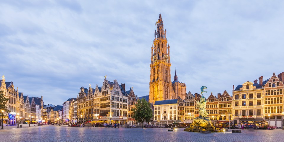 Belgium, Flanders, Antwerp, Great Market Square, Guildhalls and Church of Our Lady