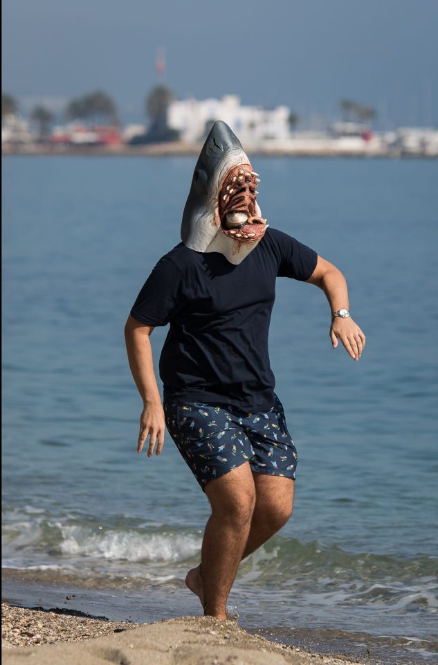  Arg enjoyed a run along the beach in a shark head