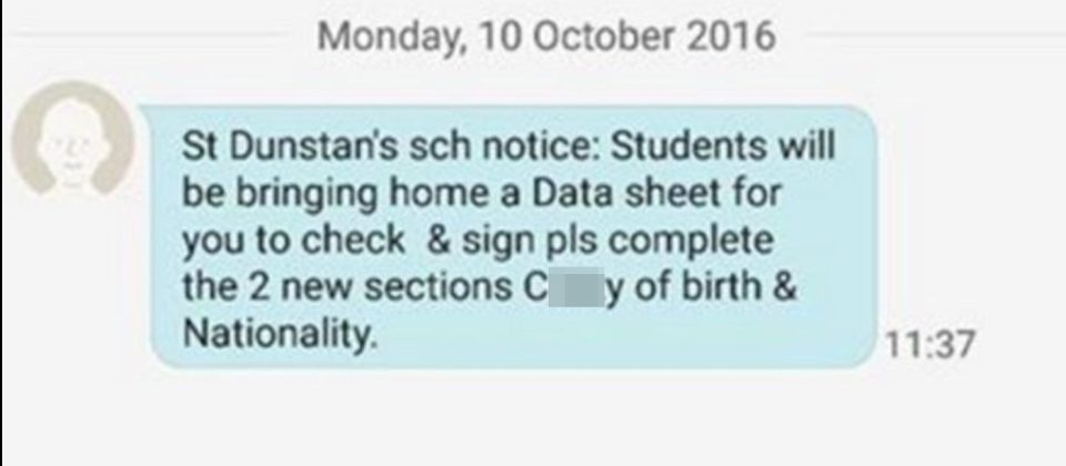  Whoops ... St. Dunstan's school sent parents a rather confusing text before apologising shortly after