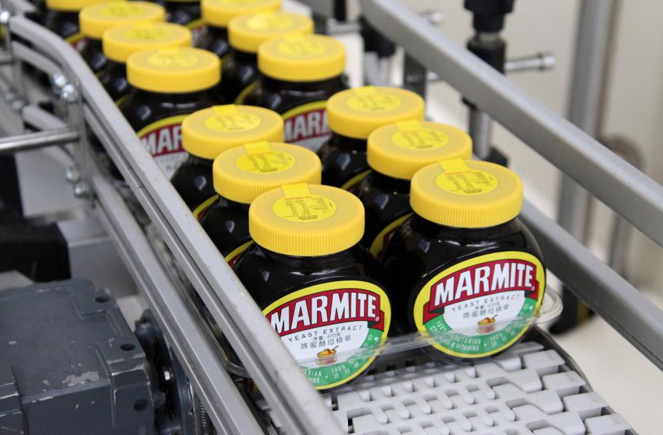  Marmite jars on the production line at the Unilever factory at Burton upon Trent in Staffordshire