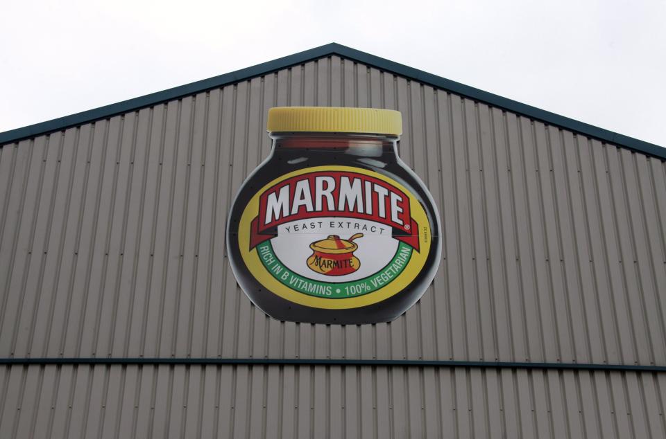  The iconic red-and-yellow logo outside the Marmite factory in Staffordshire