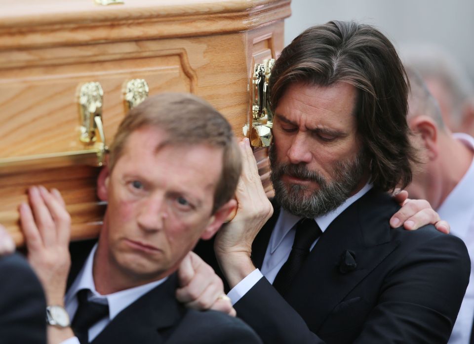  Jim Carrey helps to carry the coffin of his girlfriend Cathriona after she killed herself in September 2015