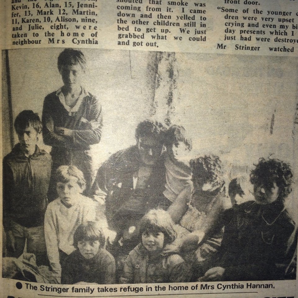  A press cutting from the Dunstable Gazette from September 01 1983 of Karen Pedley (nee Stringer) then aged 10 with her Stringer family who were left without a place to live after their house burnt down