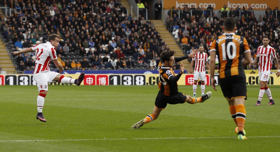  Xherdan Shaqiri curls in a stunning first for the Potters