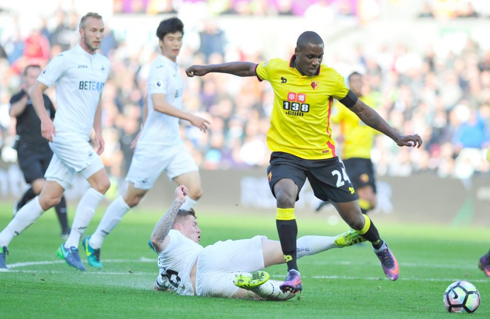  Odion Ighalo evades Alfie Mawson as Swansea battle to escape the bottom three