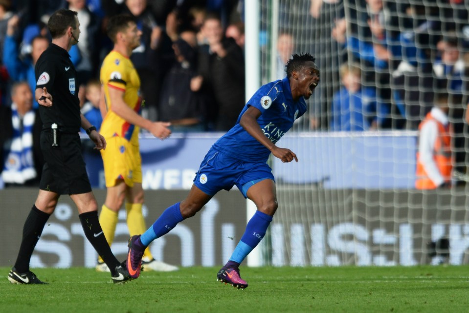  Ahmed Musa wheels away after scoring the opener and his first goal for Leicester in the victory against Crystal Palace