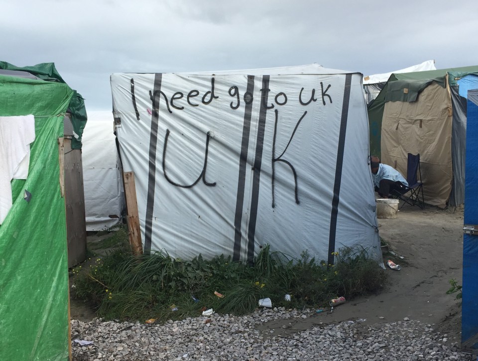  A tent in the jungle migrant camp in Calais, France, which shows some migrant's intentions