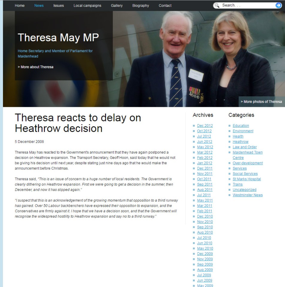  The now Prime Minister posted  on her website criticising the Heathrow plans a number of times