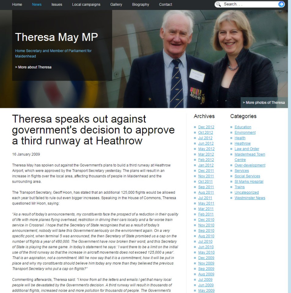  A 2009 post on Theresa May's MP website in which she slammed the Labour government's plans for a new Heathrow runway