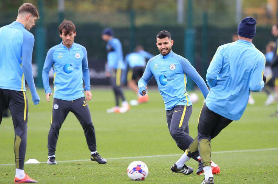  Argentinian ace Sergio Aguero with Stones and Silva during training