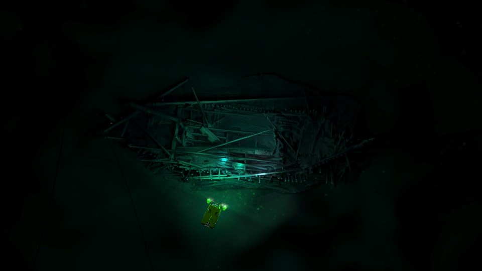  The wreck of an Ottoman ship visible under the lights from the research team's remotely operated underwater vehicle