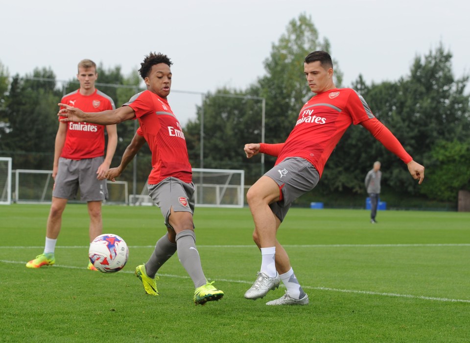  Chris Willock and Granit Xhaka in training before last months EFL Cup tie with Reading