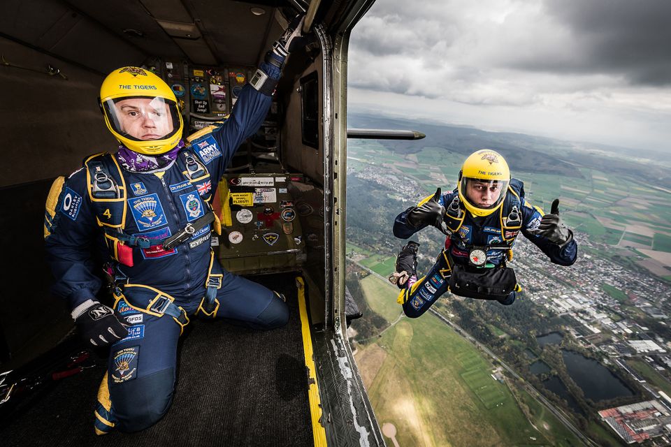 the TIGERS Freefall Parachute Display Team from the 1st Battalion The Princess of Wales's Royal Regiment (1 PWRR) send a Birthday message to the Queen from 8,000 feet above Paderborn in Germany