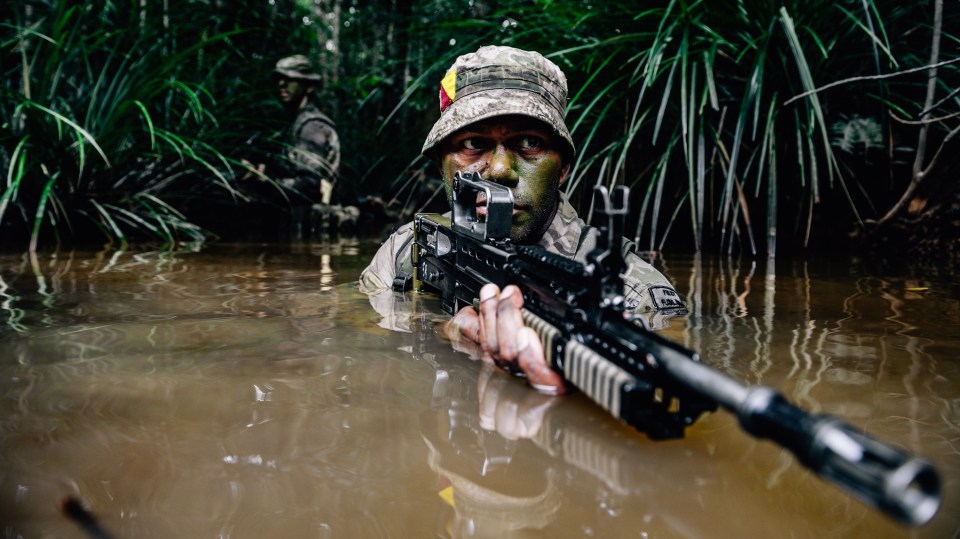 The Y Company, 1st Battalion The Royal Regiment of Fusiliers, conducting jungle warfare training in Brunei, learning to live, survive and fight in the unique training environment