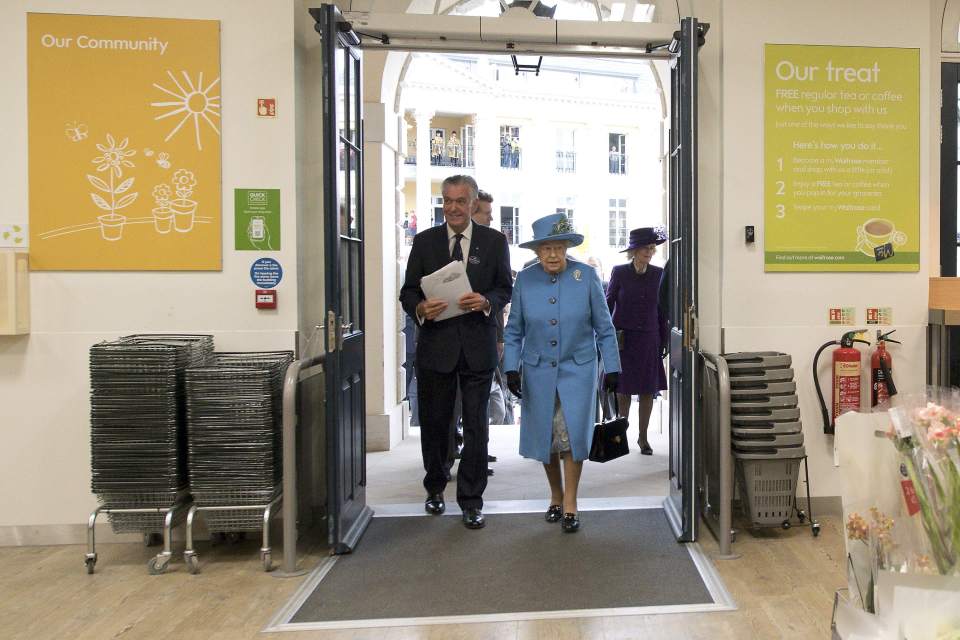  Queen Elizabeth arrives to look around a Waitrose supermarket during a visit to the town of Poundbury