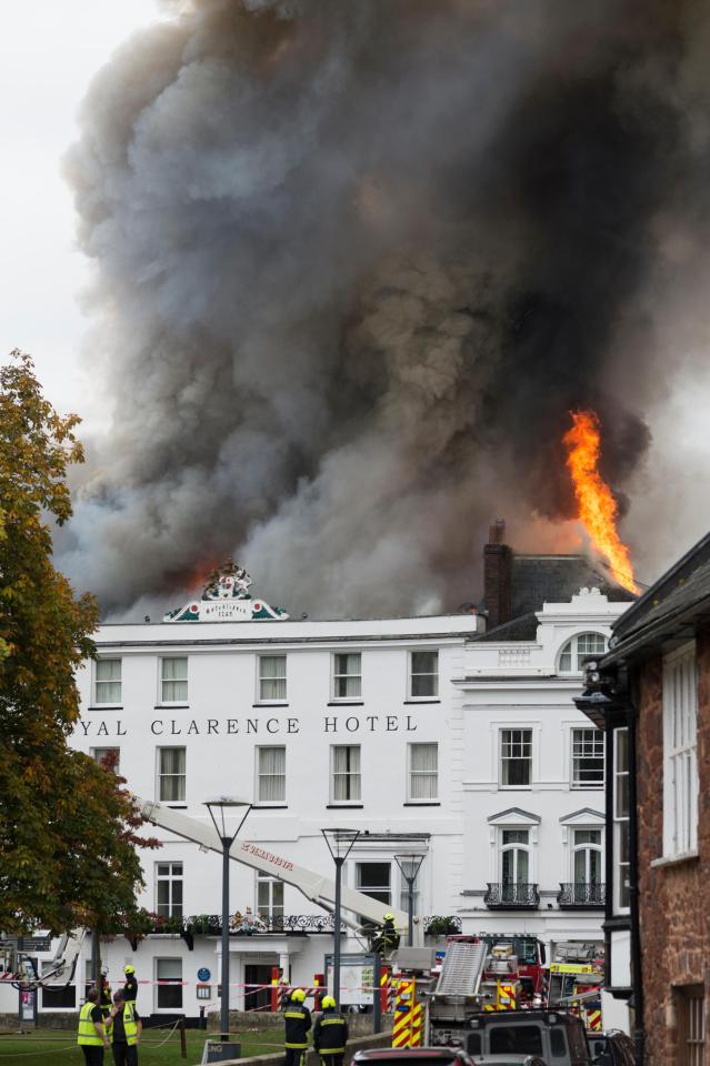 Firefighters are still working to tackle the blaze at the Royal Clarence Hotel in Exeter city centre today 