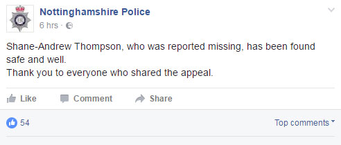  Confirmation . . . Facebook post from cops confirming Shane-Andrew was safe and well