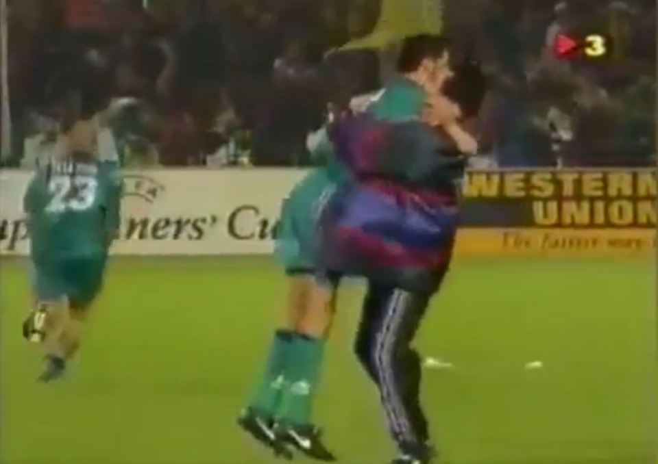  Jose Mourinho and Pep Guardiola embrace after winning the Cup Winners' Cup final with Barcelona in 1997